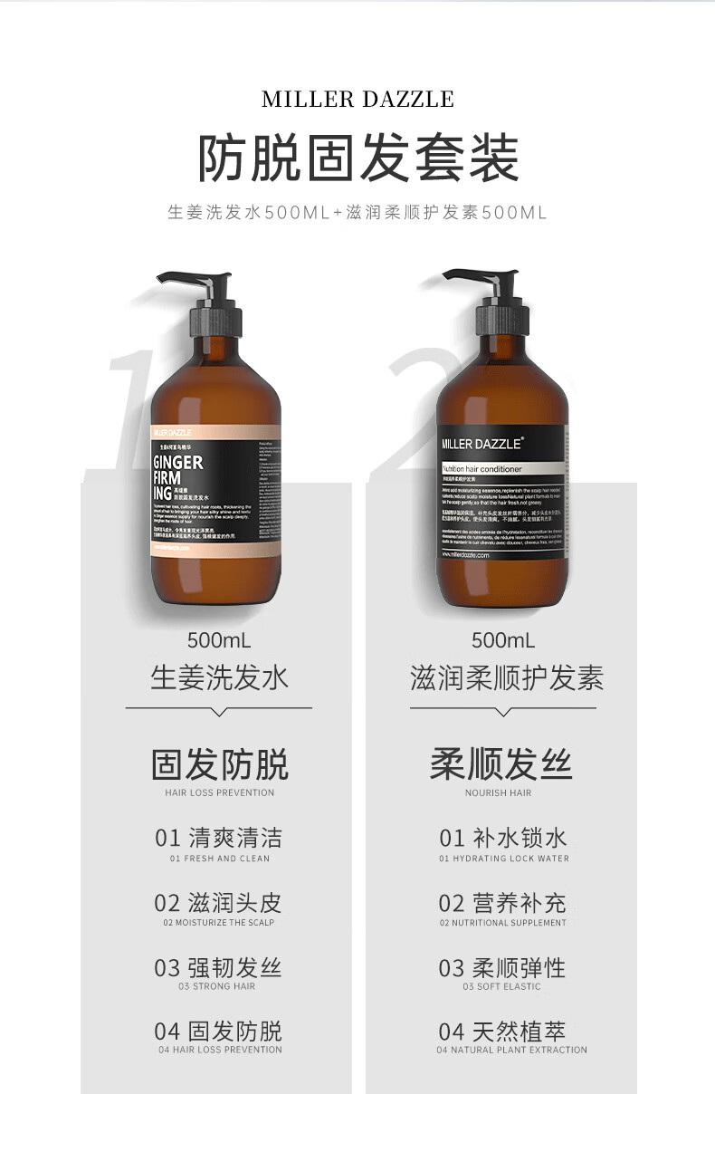 MILLERDAZZLE 防脫固發(fā)套裝   生姜洗發(fā)水500ML+滋潤柔順護發(fā)素500ML      生姜洗發(fā)水 500mL   天然成分 無硅油   固發(fā)防脫 柔順發(fā)絲   01 清爽清潔   02 滋潤頭皮   03 強韌發(fā)絲   04 固發(fā)防脫      滋潤柔順護發(fā)素 500mL   天然成分 無硅油   滋養(yǎng)柔順 天然植萃   01 補水鎖水   02 營養(yǎng)補充   03 柔順彈性  