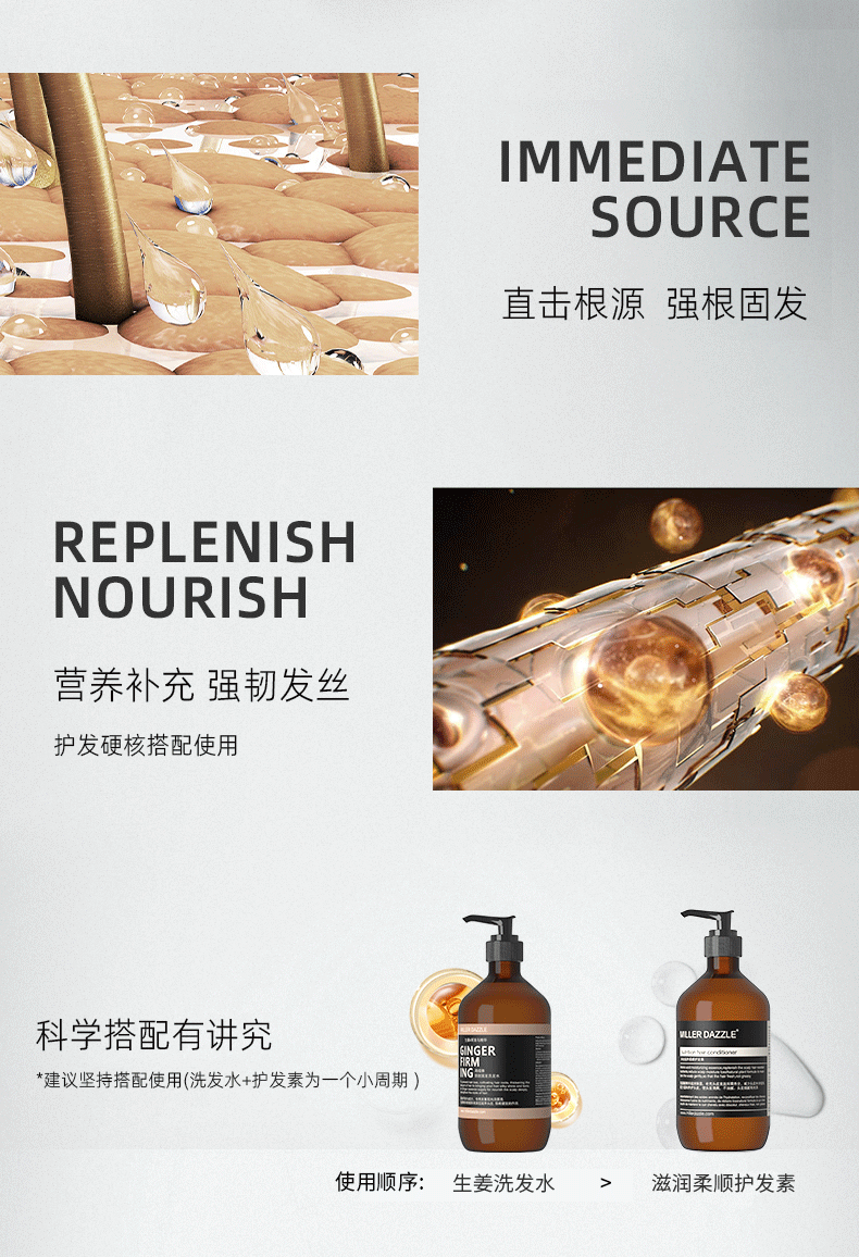 直擊根源強根固發(fā)   REPLENISH NOURISH   營養(yǎng)補充 強韌發(fā)絲   護發(fā)硬核搭配使用   科學搭配有講究   *建議堅持搭配使用（洗發(fā)水+護發(fā)素為一個小周期）